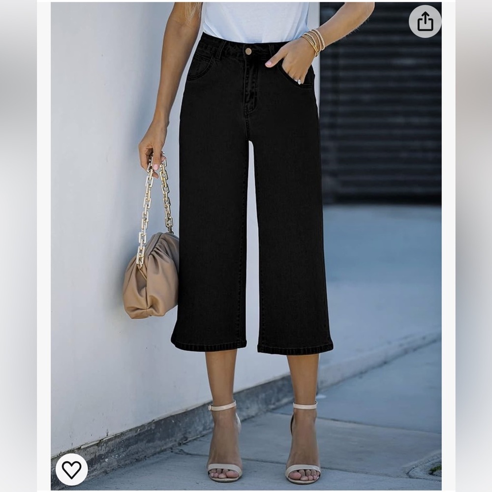 Wide Leg Capri Jeans for Women High Waisted Stretch Cropped Baggy Denim‎ 2X
